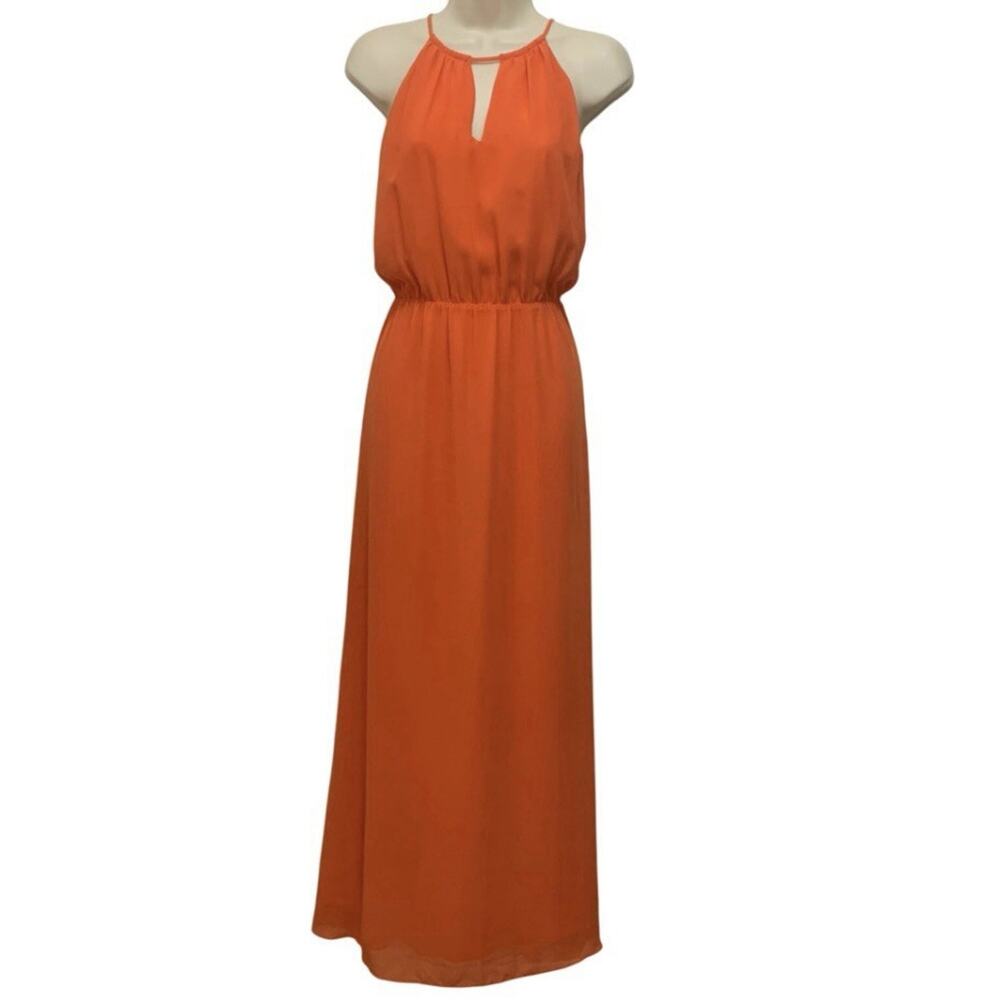 Gianni Bini Women’s M Orange Halter Maxi Dress Sheer Overlay Lined Flowy
